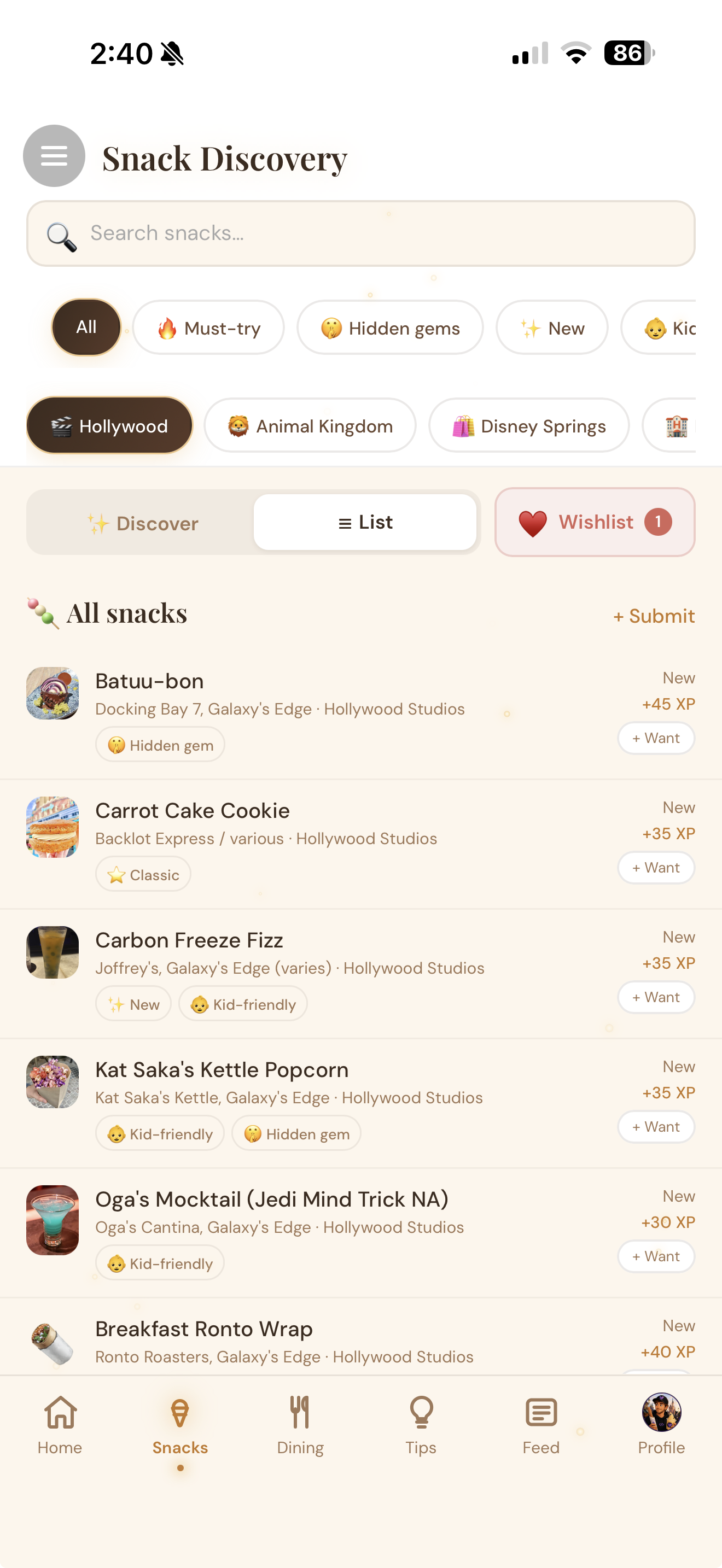 Browsing and filtering Disney World snacks in PixieTrail.