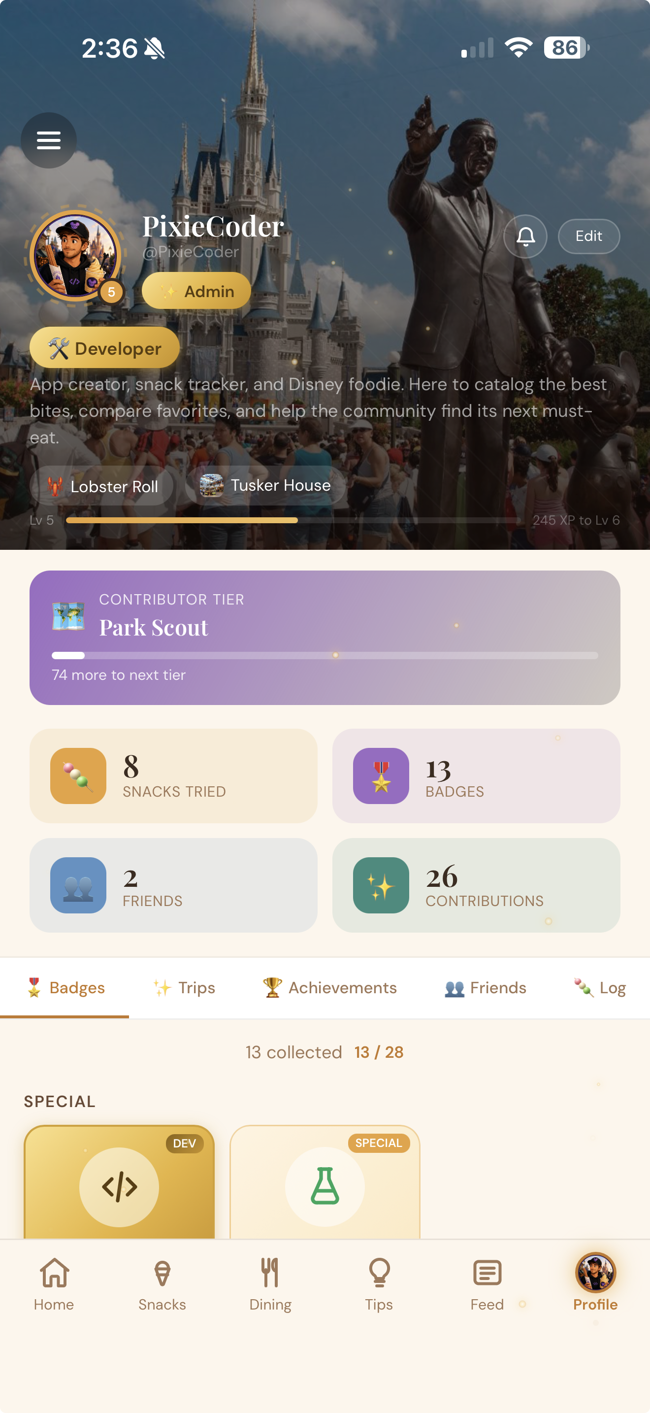 A PixieTrail profile showing earned badges and contributor tier.