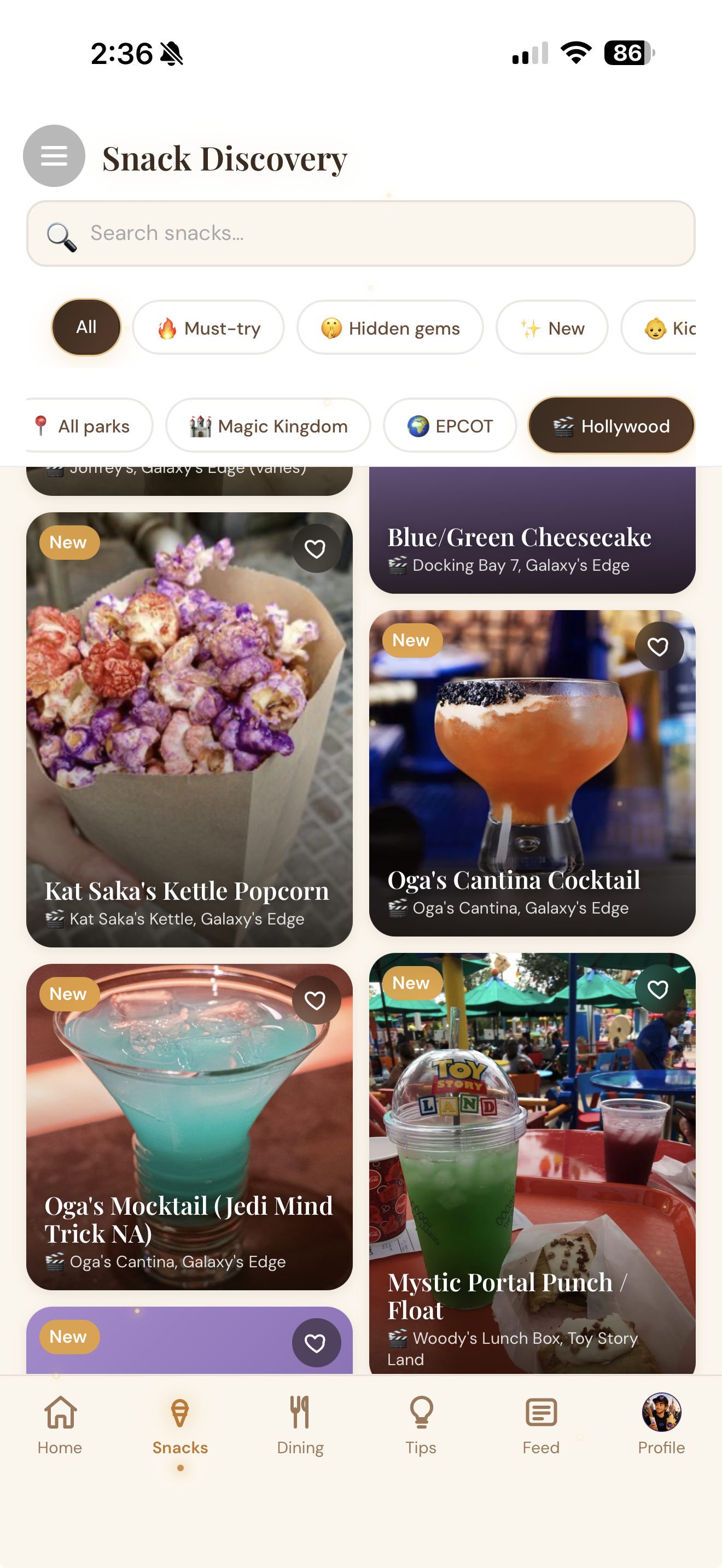 The PixieTrail snack discovery screen, listing Disney World snacks with photos, parks, and ratings.