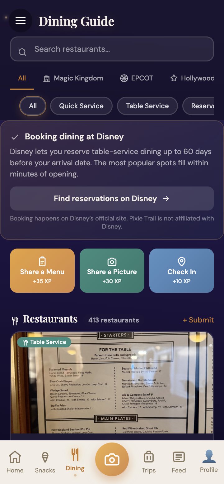 PixieTrail Dining Guide with buttons to share a menu, share a picture or check in for XP.