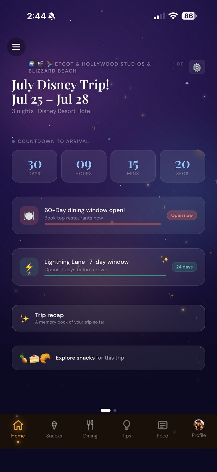 A PixieTrail trip with a live countdown, dining window and Lightning Lane reminders.